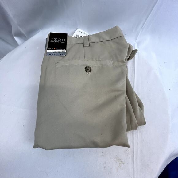 IZOD Golf Pants Men's 38x32 NWT beige front pleat back pocket buttons Metrix fit - Picture 1 of 9